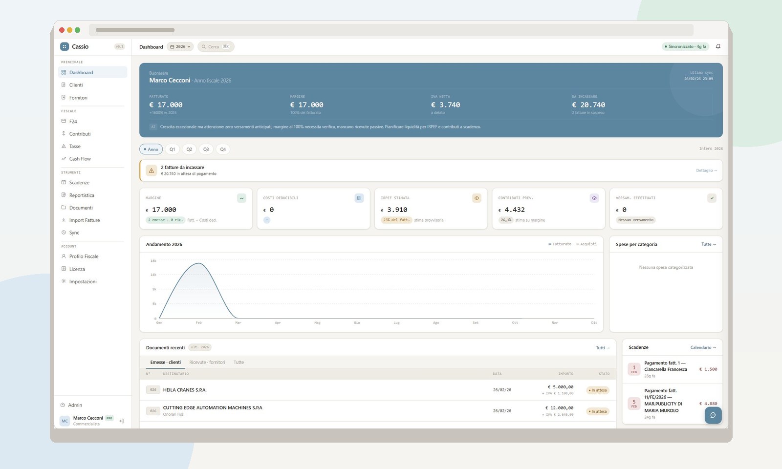Dashboard Cassio — KPI fiscali, andamento fatturato e cash flow in tempo reale